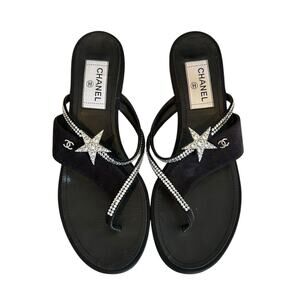 Chanel Black Suede Silver Rhinestone Star Trim Slip On Sandals Womens 40 / US 9
